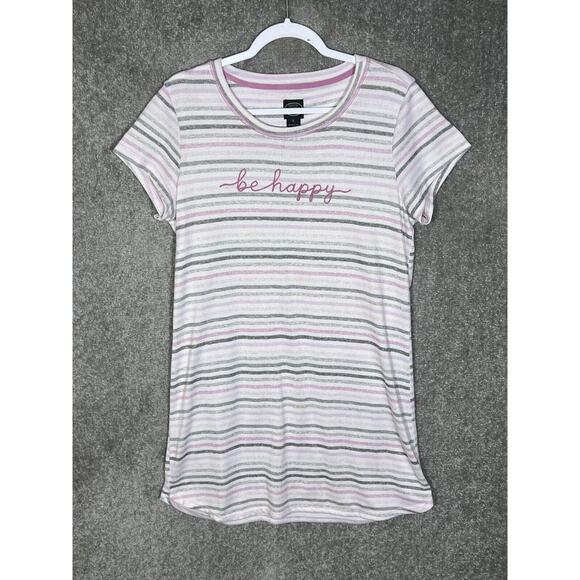 Laura Ashley Super Soft Striped BE HAPPY Sleep Shirt Womens Size Large Pink Gray - Picture 1 of 6